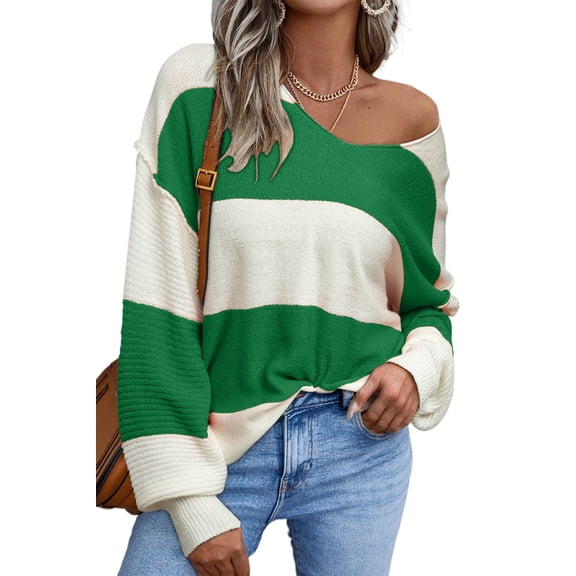Women's Green Stripe Color Block Sweater – Casual V Neck Drop Shoulder Design for Fall | XL