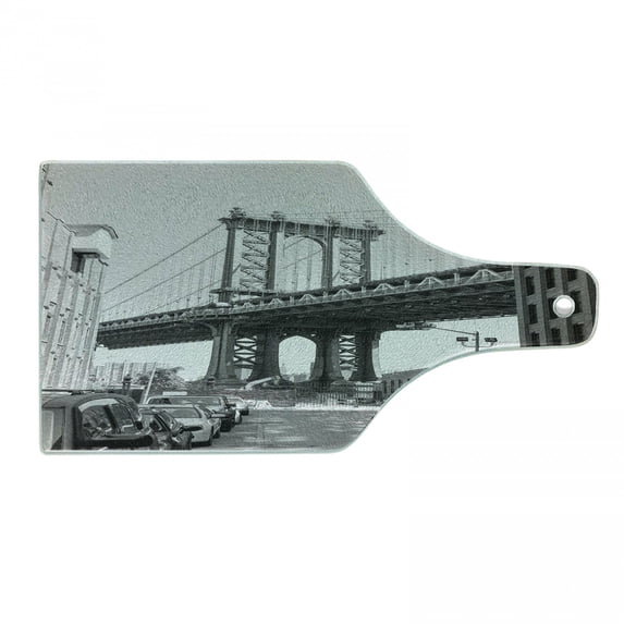 Landscape Cutting Board, Brooklyn New York Usa Landmark Bridge Street with Cars Photo, Decorative Tempered Glass Cutting and Serving Board, Wine Bottle Shape, Charcoal Grey White, by Ambesonne