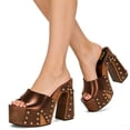 thumbnail image 3 of FSJ Women Platform Clogs Mules Open Toe Wooden Block High Heel Sandals Rivet Studded Chunky Slides Size 4 Brown, 3 of 4