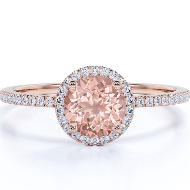 JeenMata Anillo de Compromiso de 1,50 Quilates con Halo de Diamantes y Morganita de Talla Redonda en Oro Rosa Macizo de 10 K