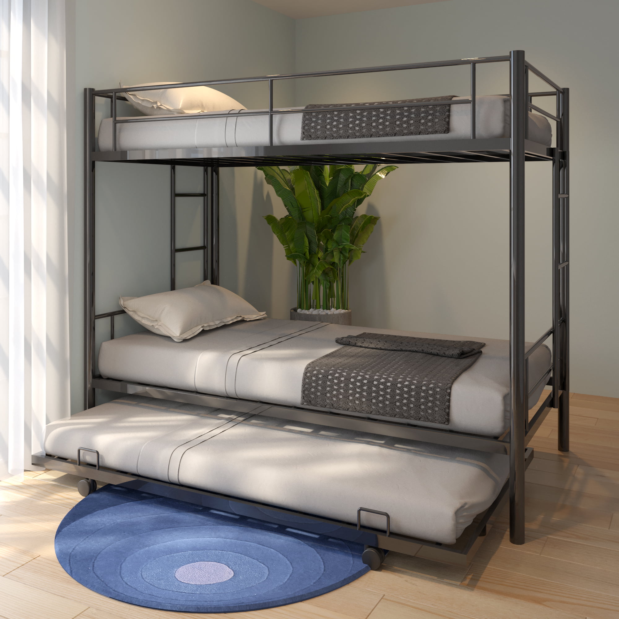 Trundle Triple Twin Bunk Bed, Metal Bunk Bed With Trundle