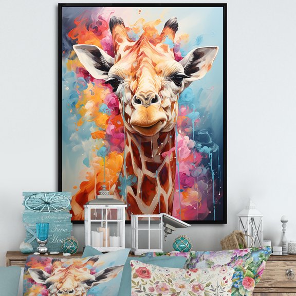 Designart "Graceful Multicolored Giraffe In Pop Art Style" Animals Giraffe Floater Framed Wall Art Prints