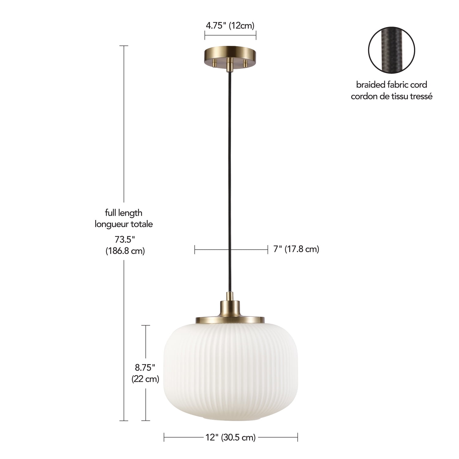Novogratz x Globe Lily 1-Light Matte Brass Pendant Lighting with Frosted Ribbed Glass Shade