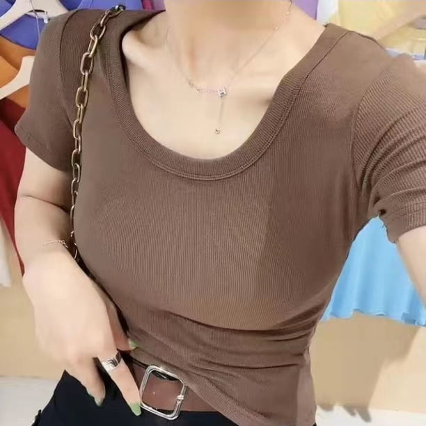Camiseta de manga corta con cuello redondo y color liso para mujer, multicolor, cuello bajo, hilo ajustado