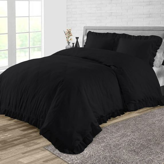 Duvet Cover 3 Piece Egyptian Cotton Cozy & Super Soft 600 TC Trimmed Ruffle Duvet Covers with Zipper Closure & Corner Ties Comforter Cover (Twin/Twin XL, Black )