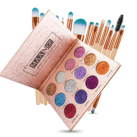 12 Colors Diamond Glitter Eyeshadow Palette With 15 Pcs Makepup Brush Set Beauty