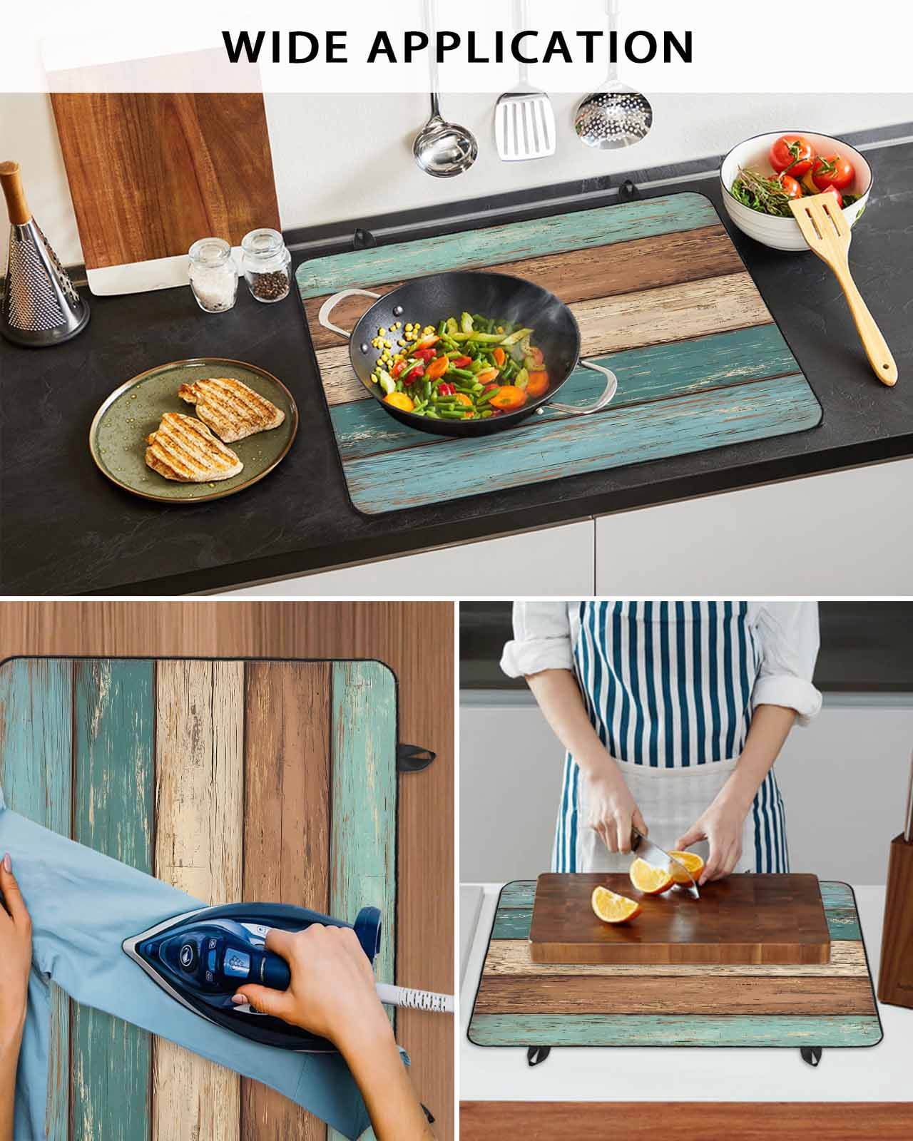 nqOlkjepod Large Induction Cooktop Protector Mat 28.5"x20.5", Teal Turquoise Stove Top Covers for Electric Stove, Retro Farmhouse Wood Grain Brown Stove Burner Cover Mats, Glass Top Stove Cover