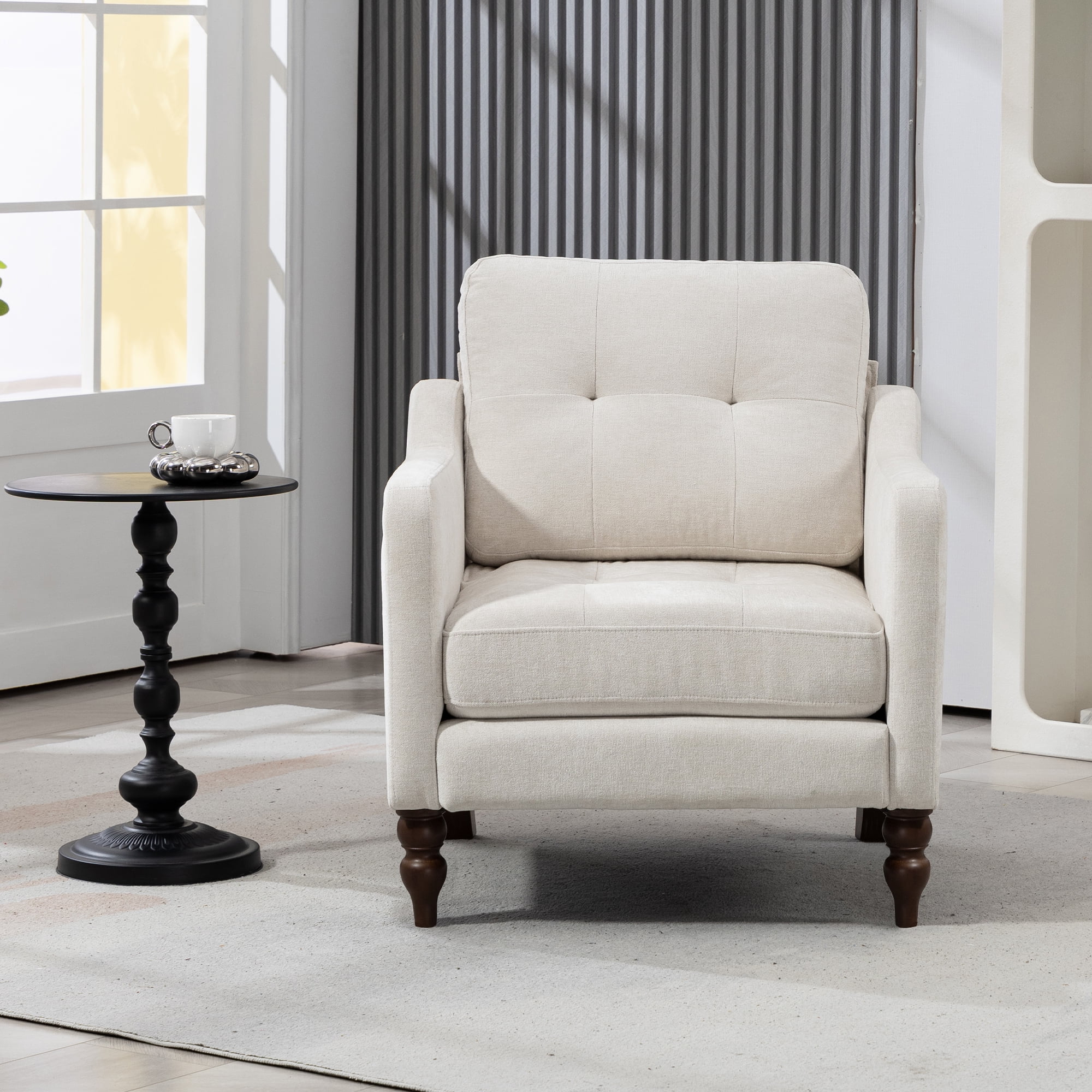 Comfortable armchair with USB charging port, ergonomic wide backrest, vintage wooden legs, comfortable upholstered armchair with side storage for living room bedroom