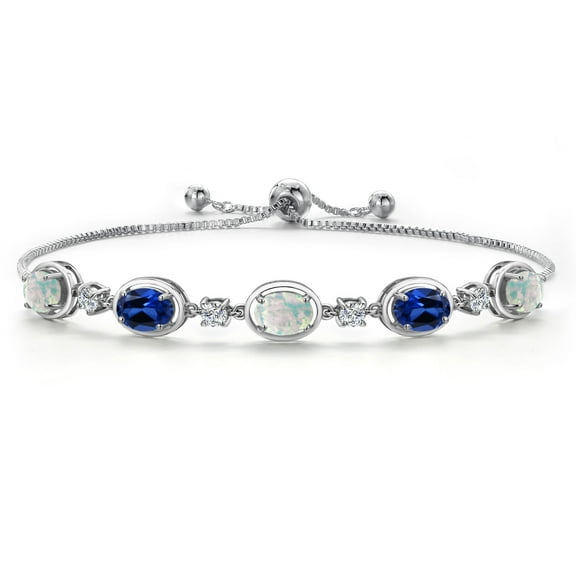 925 Sterling Silver Simulated White Opal and Blue Created Sapphire and Moissanite Tennis Bracelet for Women | 5.00 Cttw | Gemstone October Birthstone | Oval Cabochon 7X5MM | Fully Adjustable 10 inch