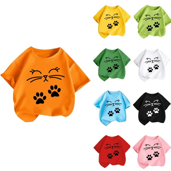 PXLKNZH 2-14Y Girls Short Sleeve Graphic T Shirts Kids Summer Tops Cute Printed Crewneck Basic Tees Blouses Loose Casual Tops Orange,110
