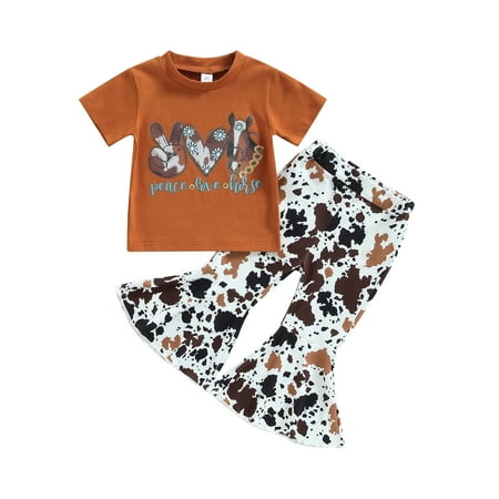 

Bagilaanoe 2pcs Toddler Baby Girl Long Pants Set Letter Print Short Sleeve T-shirts Tops + Print Flare Trousers 6M 12M 18M 24M 3T 4T Kids Casual Outfits