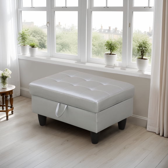 Faux Leather Storage Ottoman with Hidden Compartment for Bedroom, Silver