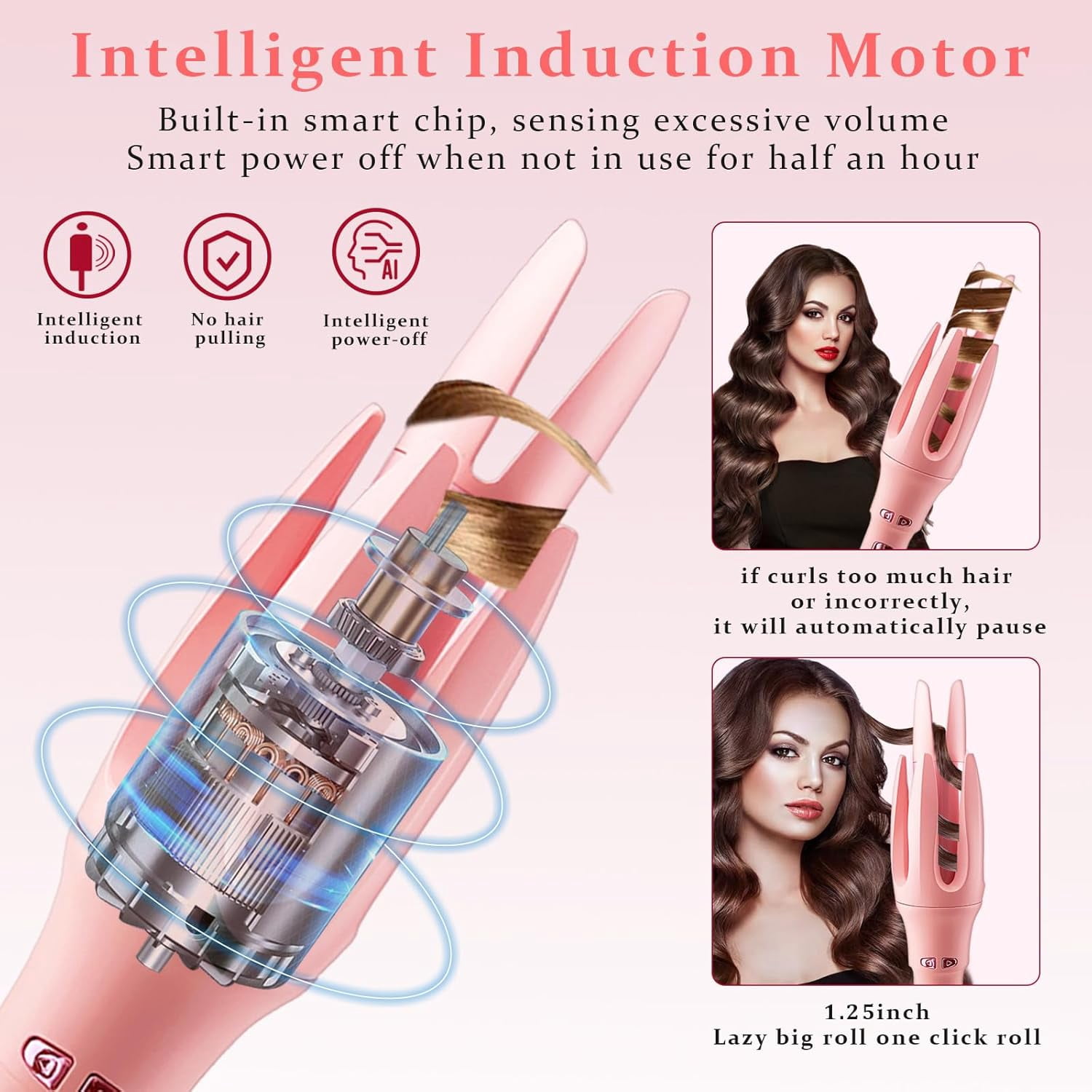 Automatic Hair Curler, Professional Auto-Rotating Curling Iron with 1 1/4 Inch Ceramic Barrel, 4 Adjustable Temperature Settings, Anti-Tangle & Anti-Scald Design for All Hair Types,pink
