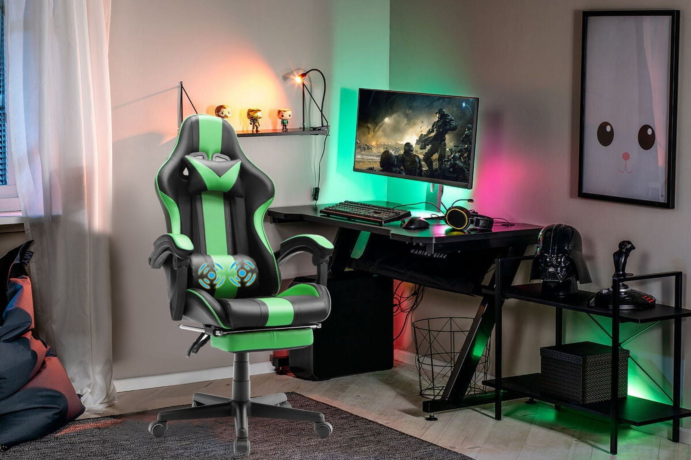 SOONTRANS Green Gaming Chair, Ergonomic Gamer Game Chair with Footrest & Massage Lumbar Pillow, High Back Reclining Office Vedio Computer Chair for Adult