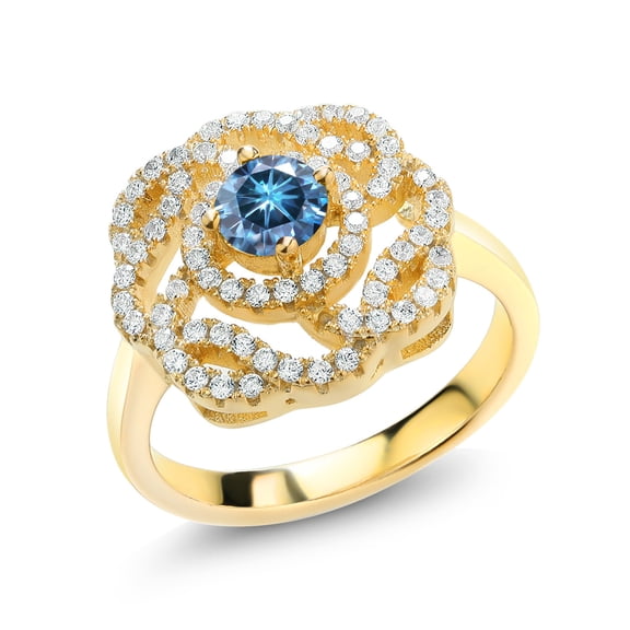 Gem Stone King 18K Yellow Gold Plated Silver Round Persian Blue Moissanite Flower Blossom Ring for Women (1.53 Cttw, Gemstone Birthstone, Size 6)