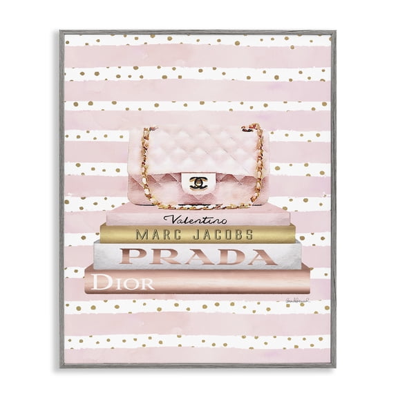 Stupell Industries Modern Pink Purse Bookstack over Stripes Gray Framed Giclee Art, 16 x 20, by Amanda Greenwood