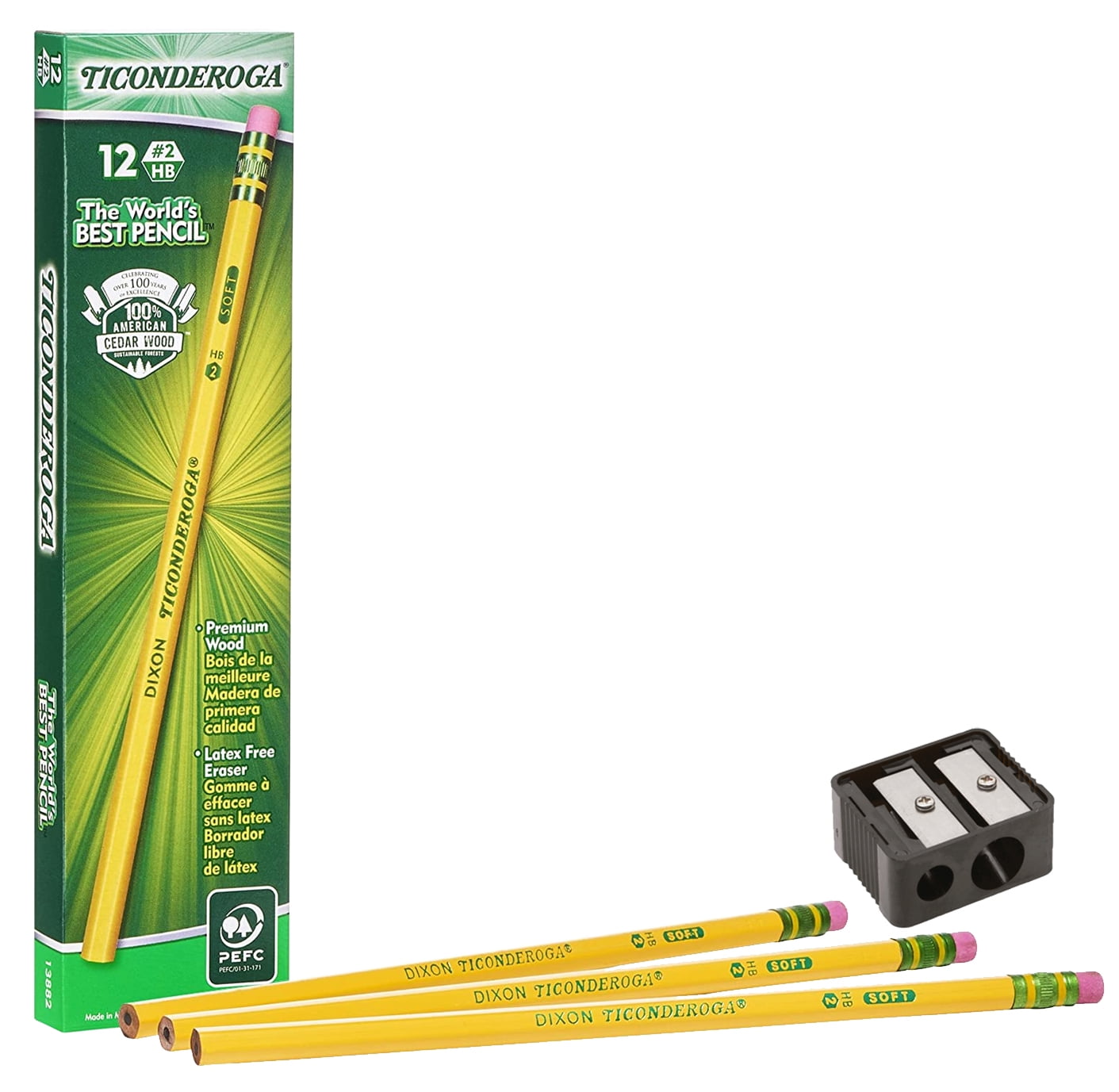 Ticonderoga Pencils #2 Soft Yellow Woodcase Graphite Pencil for School Supplies and Craft Supplies 12 Count (13882) Free Sharpener 1 Pack