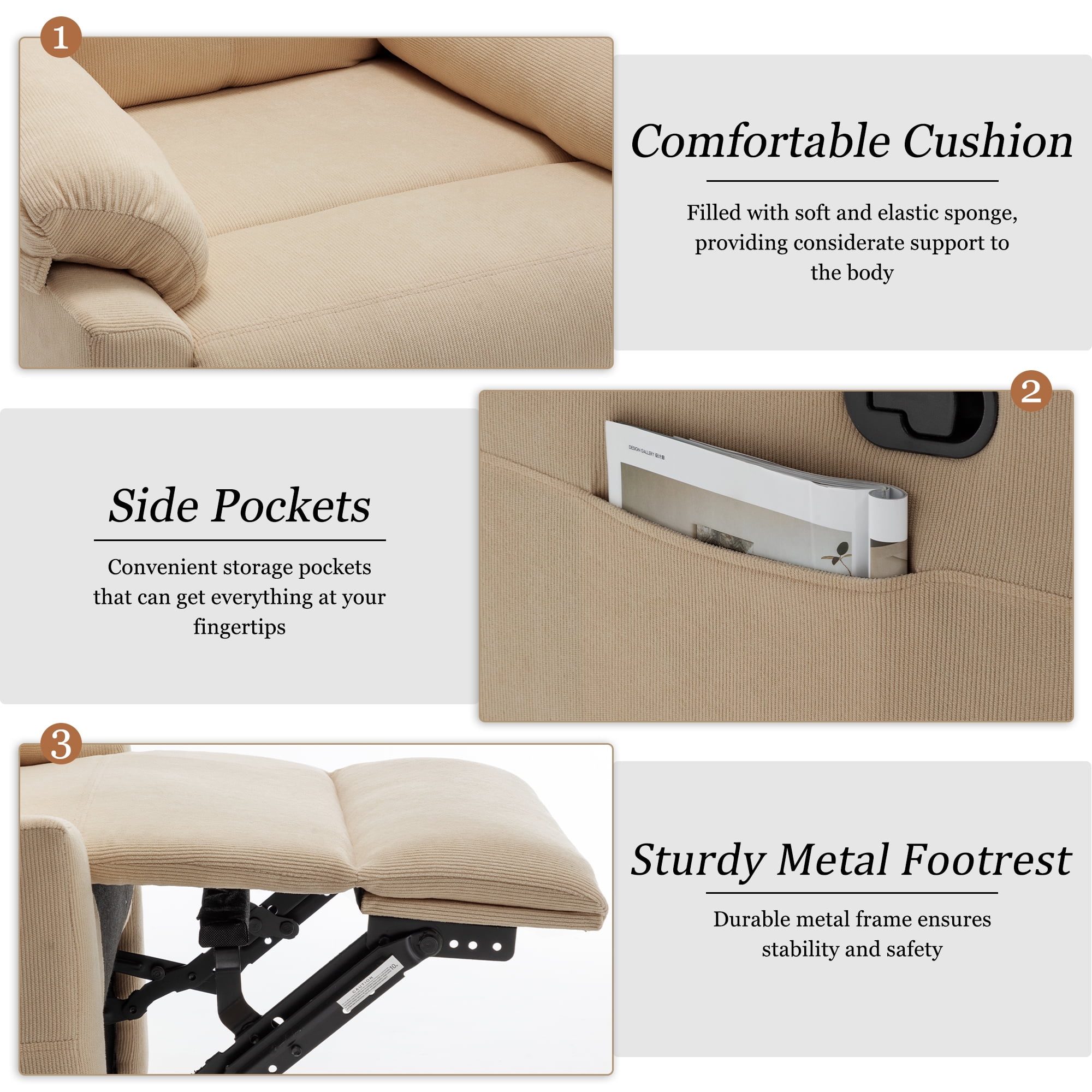 Korser Manual Small Recliner Chair for Small Spaces for Living Room,Corduroy,Khaki