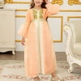 thumbnail image 2 of LEWKW Little Girls Peach Chiffon Kaftan Robe Gold Lace Trim Long Sleeve Traditional Maxi Dress for Eid Ramadan Celebration, 2 of 7
