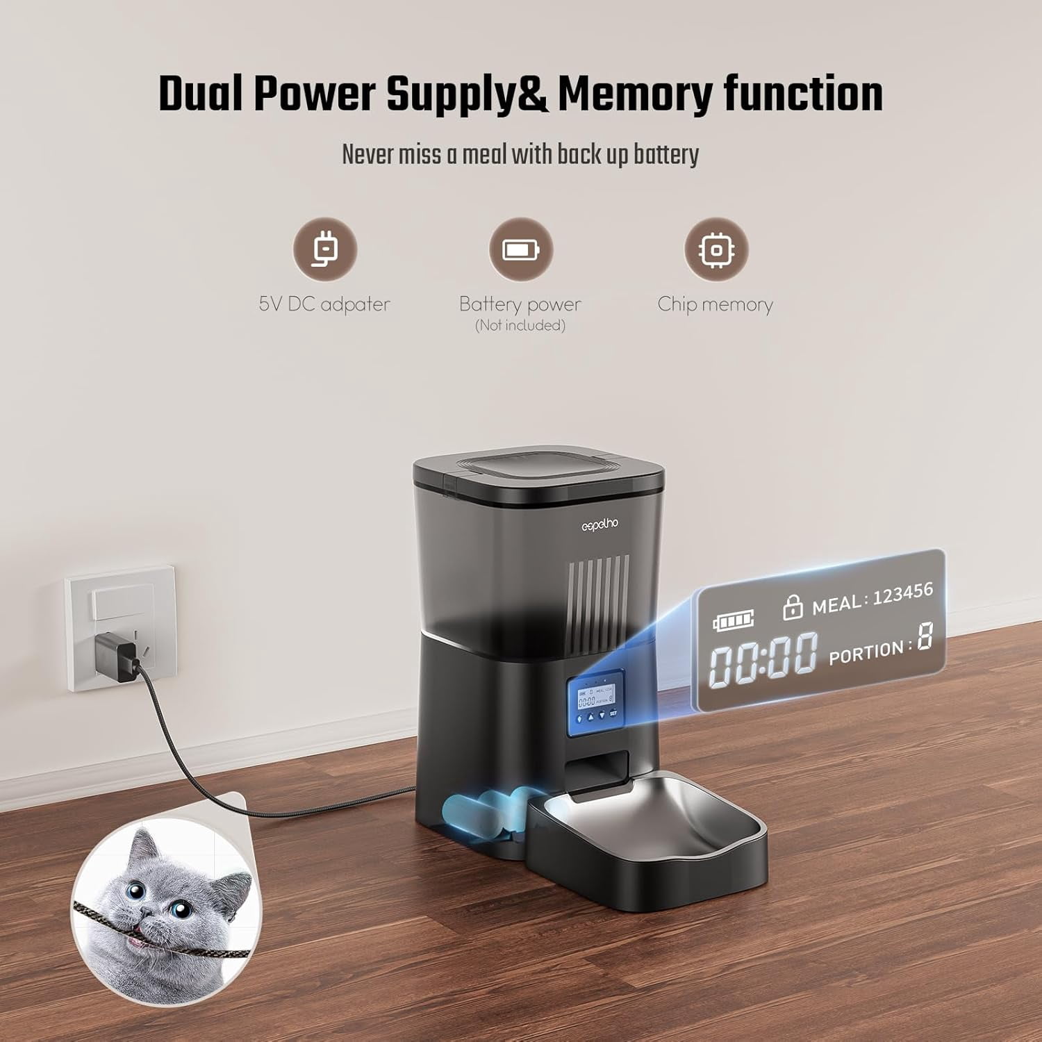 Automatic Cat Feeder 4L Timed Dispenser for Cats Small Dogs with Voice Recorder Anti-Clogging Dual Power Stainless Steel Bowl