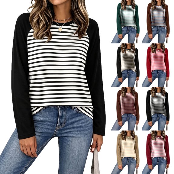 VBVC Women's Striped Raglan Sleeve Long Sleeve Top , Ladies' Color Block Crew Neck Shirt , Casual Baseball Tee Pullover For Women, S-2XL