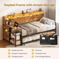 thumbnail image 2 of Daybed Twin with Pop Up Trundle, Farmhouse Wooden Day Bed Frame with 3 Storage Drawers and Shelves, Twin to King Daybed with Charging Station and LED Lights for Bedroom, Rustic Brown, 2 of 9