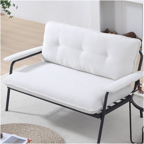 Beige Corduroy Loveseat Sofa for Small Spaces, Modern 2-Seater Couch with Button Tufted Back