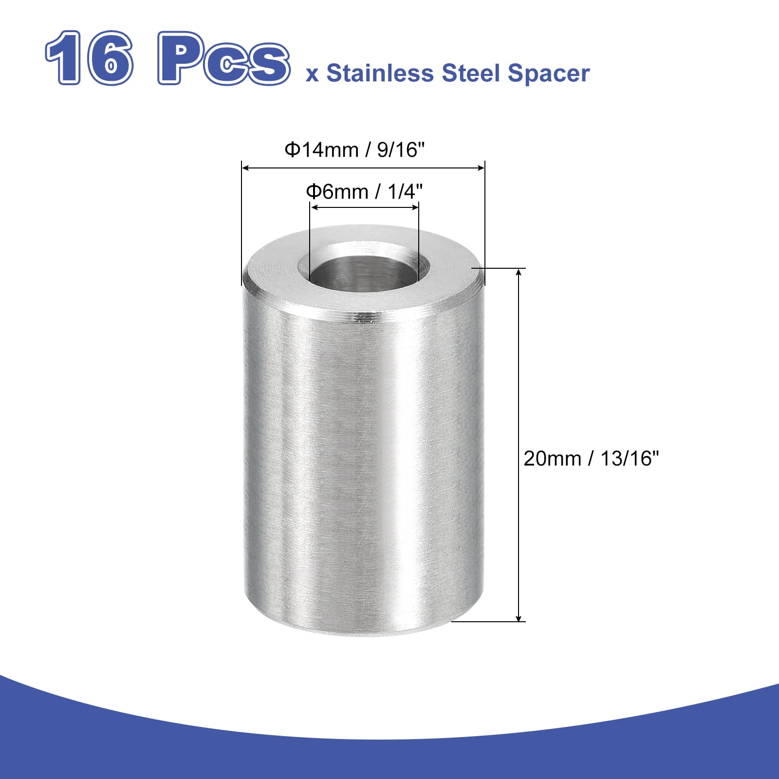 16Pcs 304 Stainless Steel Spacer 14mm OD x 6mm ID x 20mm Length for M6 Screw