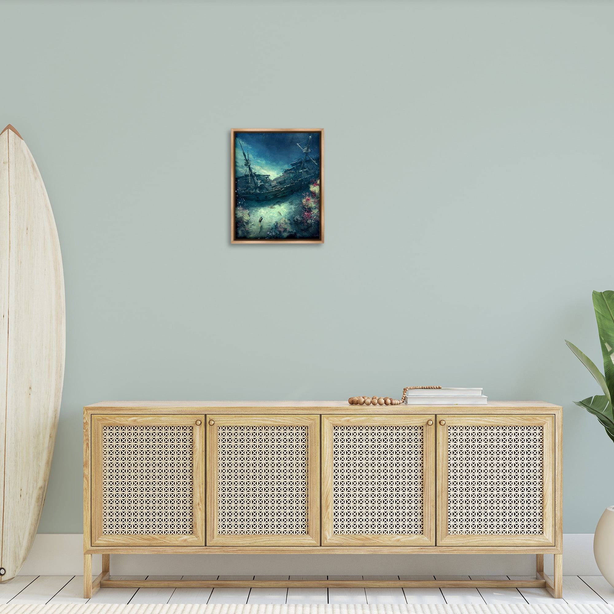 Stupell Industries Deep Sea Shipwreck Transportation Painting Brown Floater Framed Canvas Art Print Wall Art, 17 x 21