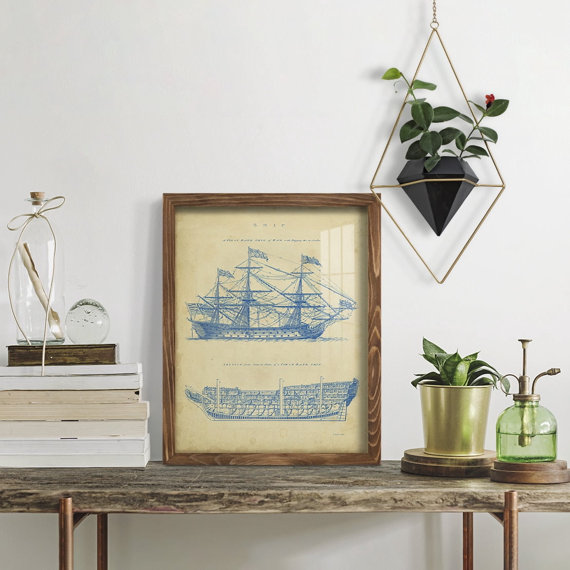 Vintage Ship Blueprint -Framed Print w/glass-Walnut