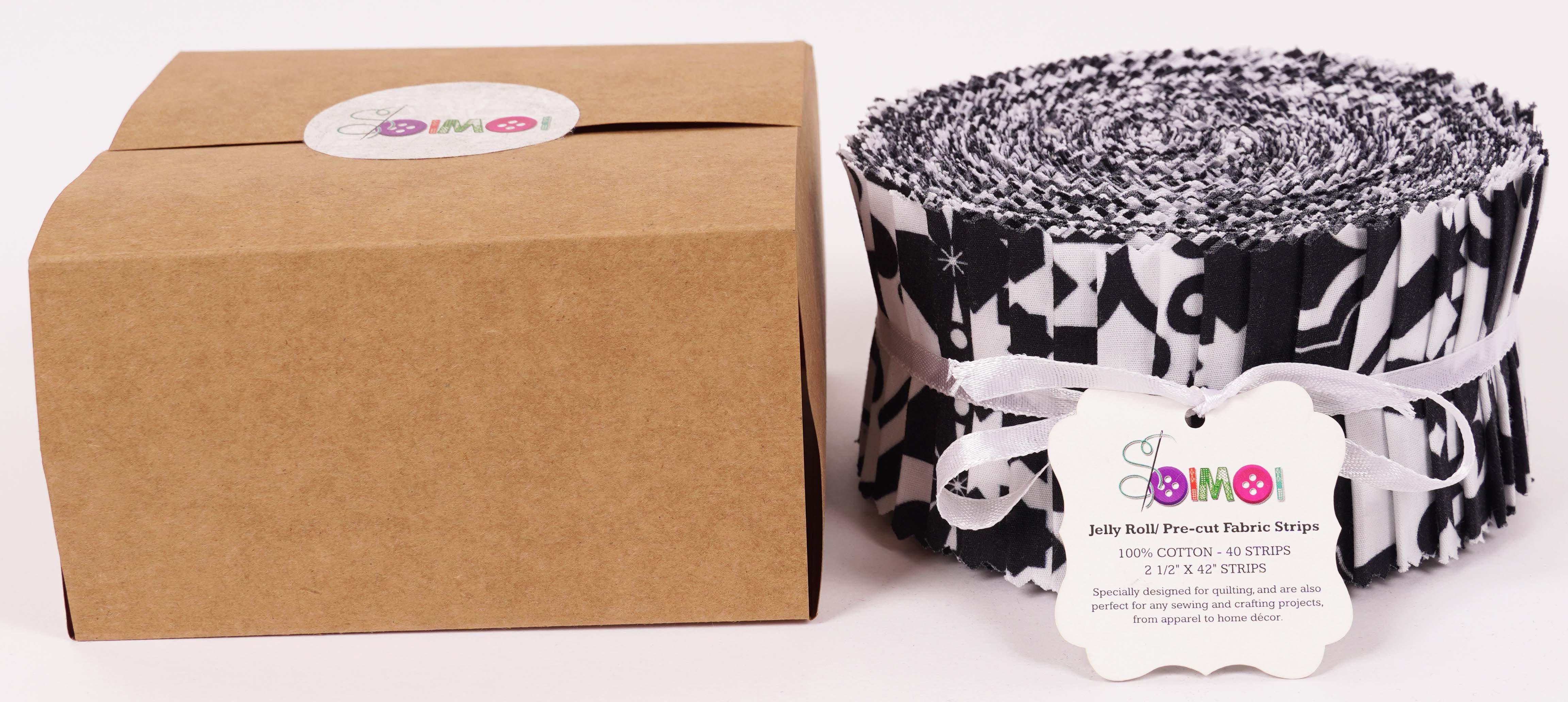 Soimoi 40Pcs Mosaic Print Cotton Precut Fabrics For Quilting Craft Strips 2.5x42inches Jelly Roll - White & Black