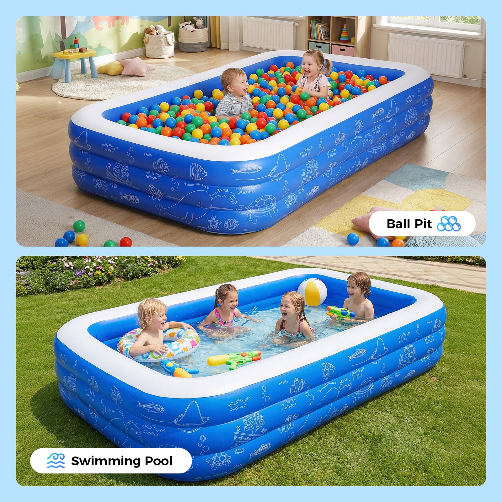 TASKBAY Inflatable Pool for Kids and Adults, 118" X 67.7" X 22" Oversized Thickened Family Blow Up Swimming Pool for Outdoor, Garden, Backyard, Blue