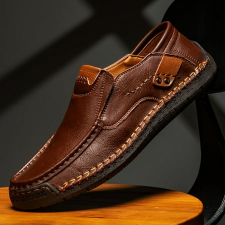 

DONGGTG Comfy Plus Size Men‘s Split Leather Slip On Loafer Shoes with Solid Colour Casual Rubber Sole Dress Shoes for Non Slip Comfort Men‘s Footwear