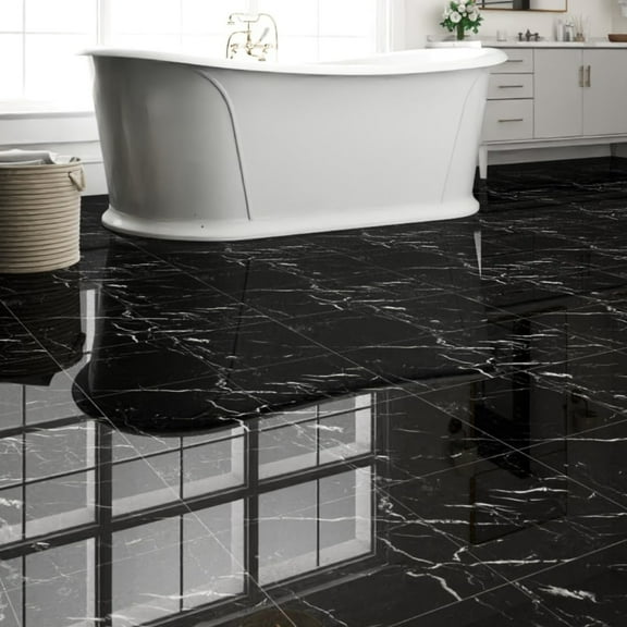 10 Pcs Self-Adhesive Vinyl Floor Tiles 12x12 Inch Waterproof Peel & Stick Flooring for Kitchen Bathroom Living Room RV Easy DIY Installation Black Marble Finish Covers 10 Sq. Ft