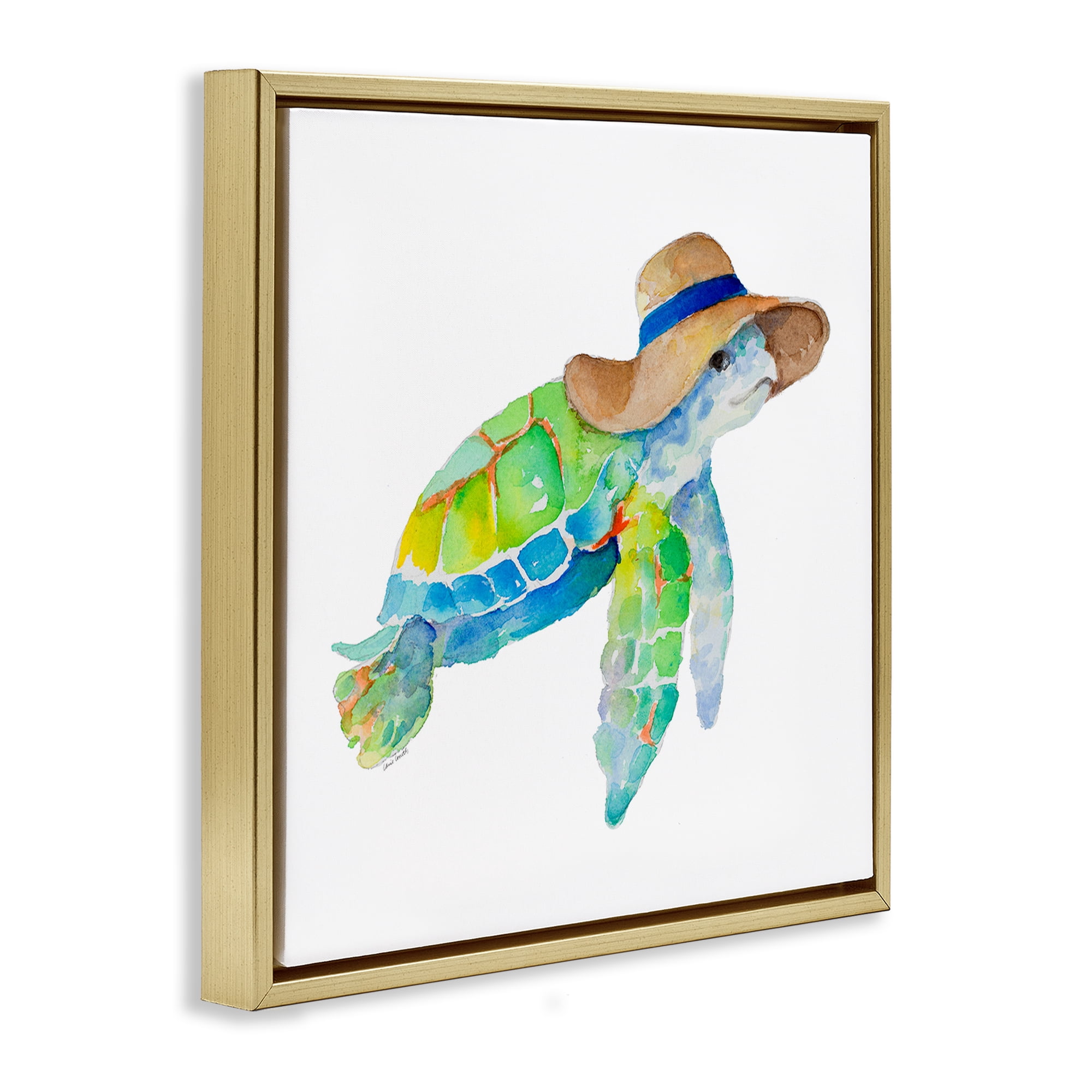 Stupell Industries Beach Ready Turtle Novelty Painting Gold Floater Framed Canvas Art Print Wall Art, 25 x 25