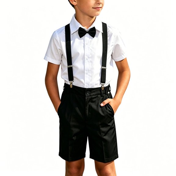 Odeerbi Toddler Boys 4 Piece Gentleman Formal Suit Preppy Outfit Short Sleeve Dress Shirt and Suit Shorts with Suspenders Bow Tie School Uniform Set