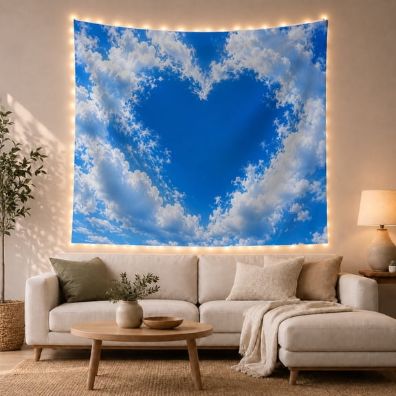 Heart-Shaped Sky Scene with Fluffy Clouds, Romantic Photorealistic Wall Art for Nature Lovers, Dreamy Celestial Decor Phrase, Housewarming Gift Tapestry Wall Hanging for Bedroom and Living Room