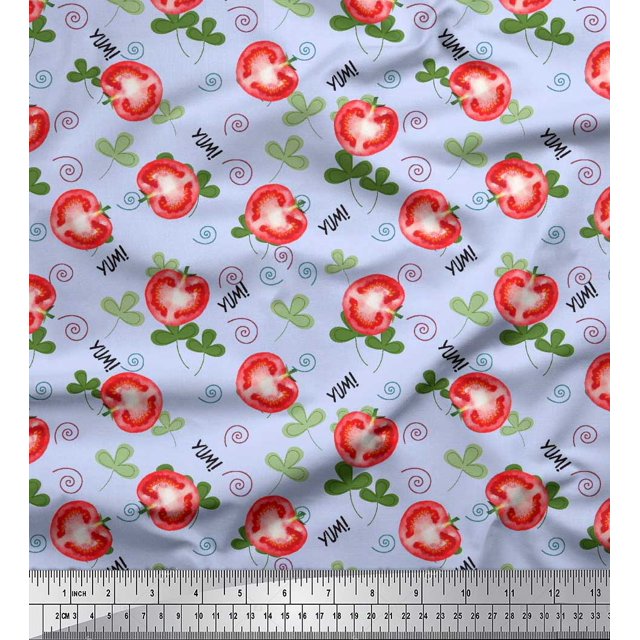 Soimoi Tissu Crêpe polyester Bleu, Imprimé Feuilles et Tomates par Yard 52 Pouces de Large