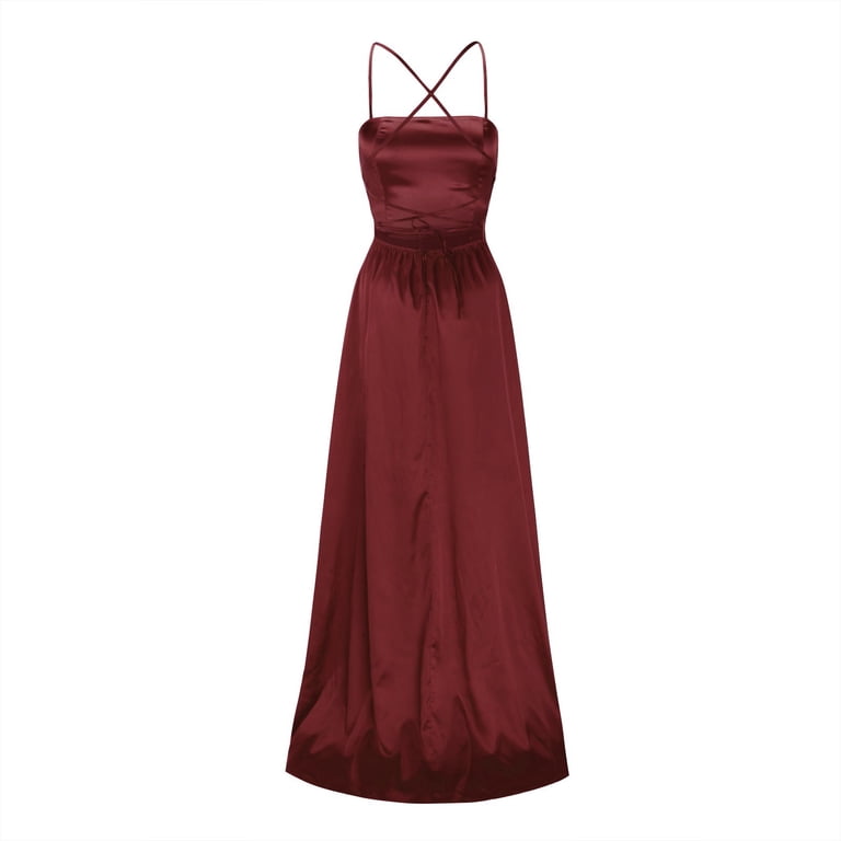 JIANJIA Summer Dresses For Women Solid Color Satin Spaghetti Strap  Strapless Sleeveless Backless With Pockets Elegant Party Side Slit Wedding  Evening Maxi Holiday Wear,Red,L