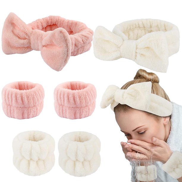 Juego de 6 protectores de muñeca con diadema para spa (blanco y rosa), diadema para maquillaje facial, diadema con lazo de mariposa, diadema elástica de terciopelo suave, adecuada para