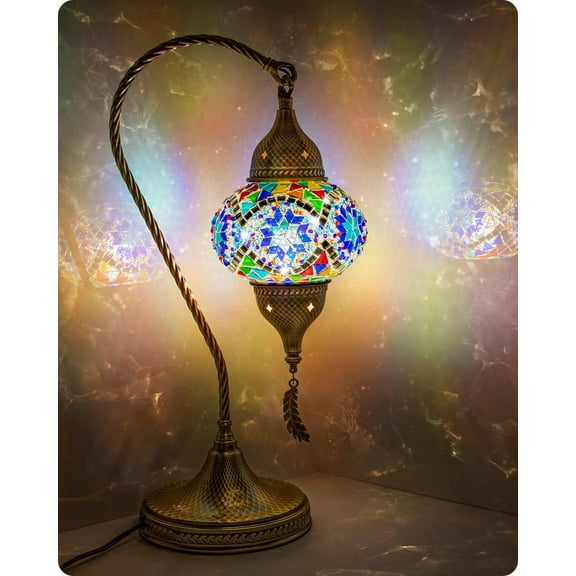 Turkish Moroccan Mosaic Table Lamp with Bronze Base - 3 Color Options Handmade Swan Neck Tiffany Mosaic Glass Bedside Lamps for Bedroom, 19"