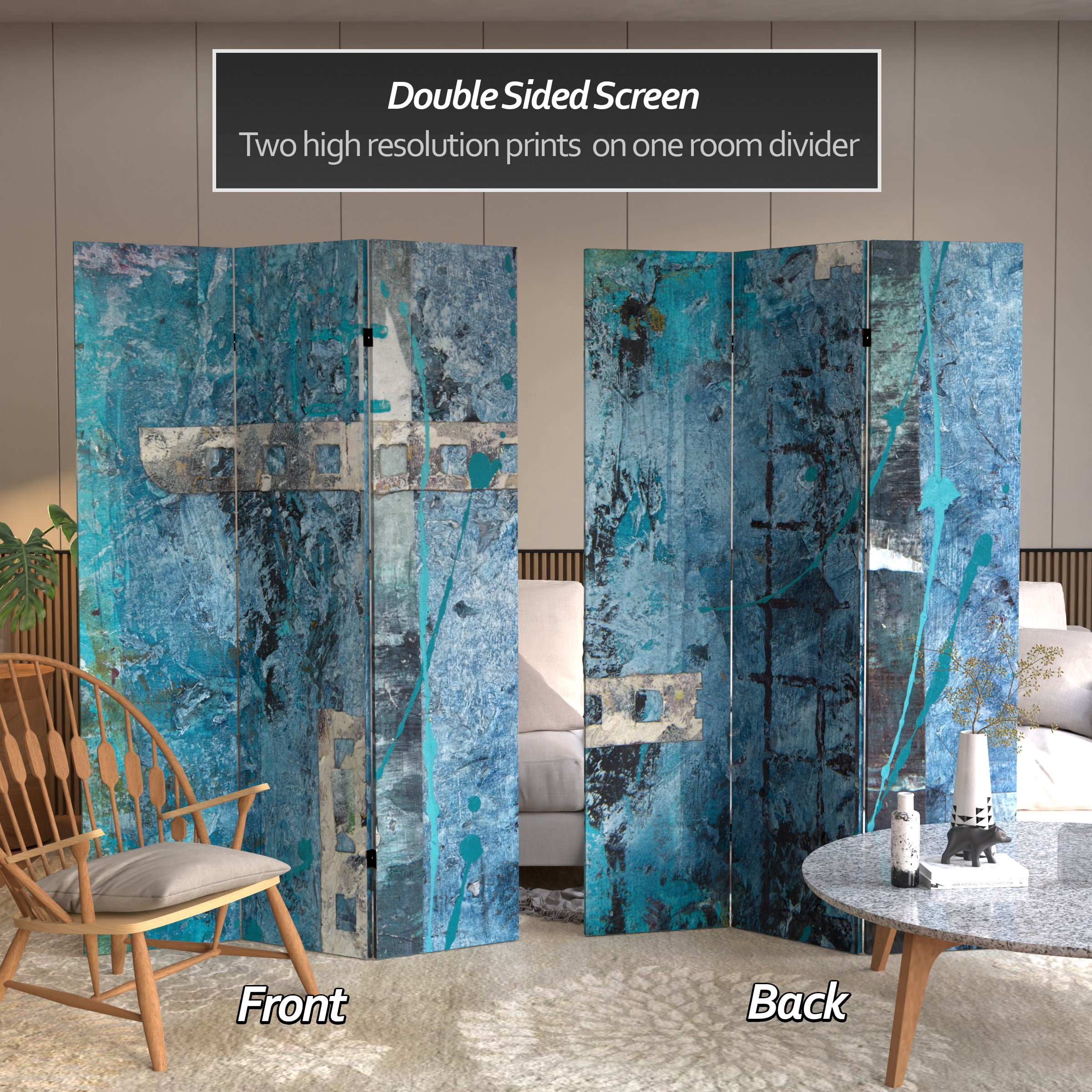 Oriental Furniture 6 ft. Tall Blue Dream Canvas Room Divider - 3 Panel