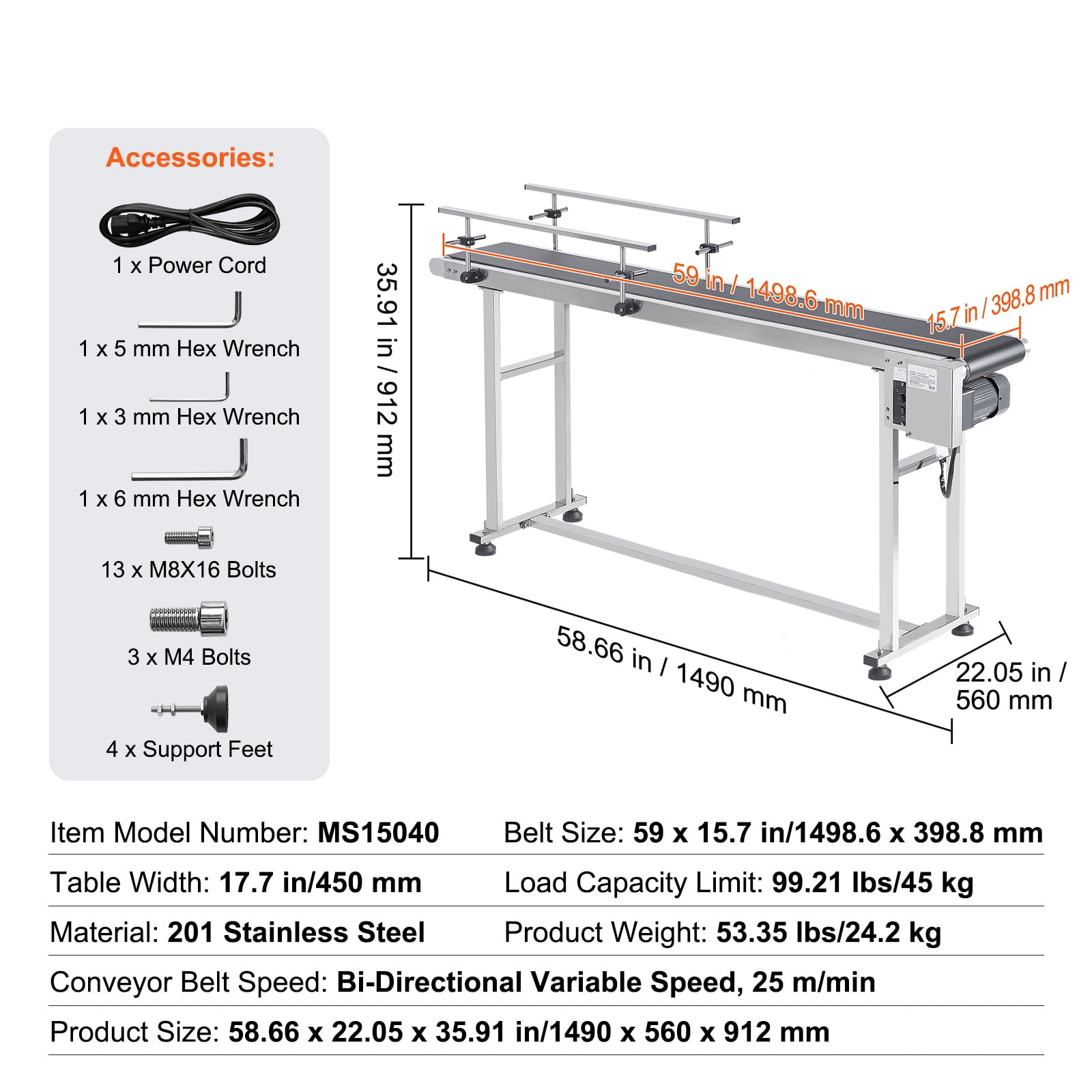 KFFKFF Motorized Conveyor Belt, 59x15.7 in, Durable Stainless Steel, Ideal for Inkjet Coding, Features Anti-Static PVC, Adjustable Speeds with Dual Guardrails