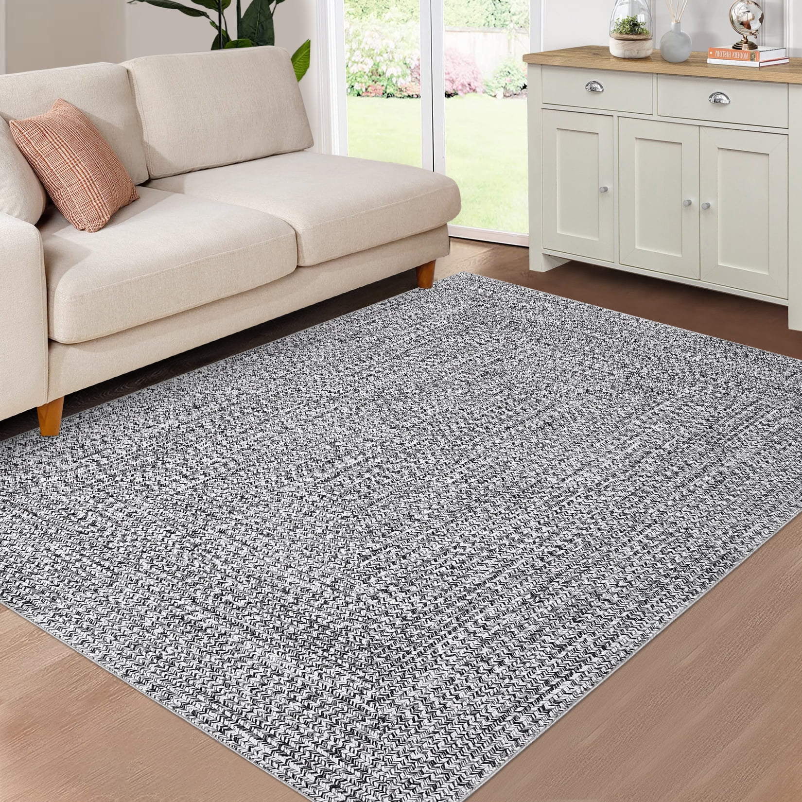 Garvee 9'x12' Large Area Rugs Braided Print Rug, Machine Washable Indoor Rug Non-Slip Low Pile Farmhouse Solid Carpet for Bedroom, Living Room, Dining Room Office, Gray