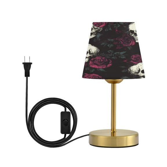 Wobogo Skull Burgundy Roses Pattern Table Lamps Three-channel Adjustable Lighted Antique Brass Metal Base Simple Modern Style for Bedroom Nightstands Living Room and Office