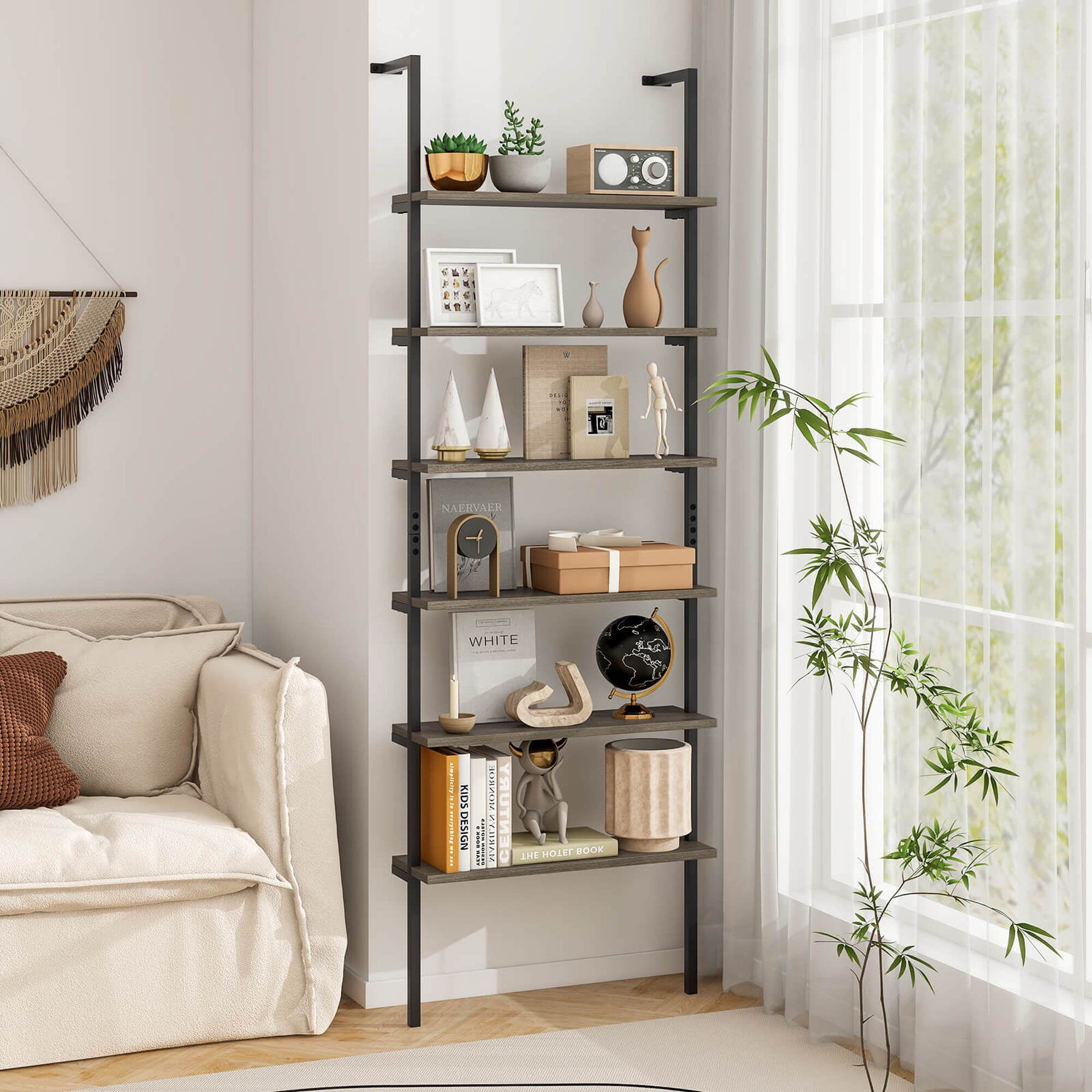 Costway 6-tier Ladder Shelf 72 Inches Industrial Wall Mounted Bookshelf Oak