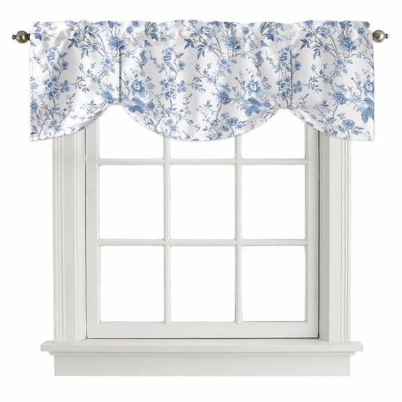 Tie Up Valance Blue White Spring Floral Valances for Windows Summer Botanical Birds Balloon Shade Valance Window Treatment Short Curtain Valances for Living Room Kitchen Bedroom Bathroom 42"x18"