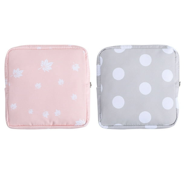 Bolsa portátil para guardar toallas sanitarias, 2 unidades, monedero con cremallera, gran capacidad, para viajes al aire libre y oficina - Lunares grises y hojas rosas