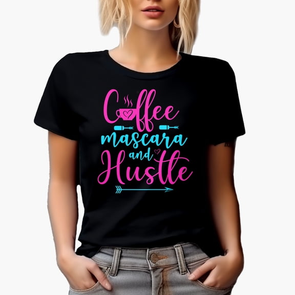 Stylish Coffee, Mascara & Hustle Quote, Beauty Themed Merch Gift for Makeup Artist or Lovers, Cosmetologists & Beauticians, Black T-Shirt, Small