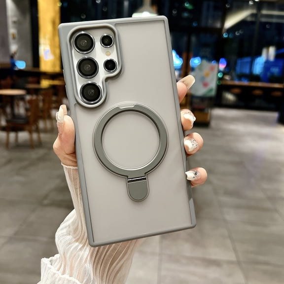 for Samsung Galaxy S24 Ultra Case, Compatible with MagSafe, Built-in Ring Stand, with Individual Camera Lens Protector, Matte Military-Grade Drop Protection Translucent Magnetic Case, Gray